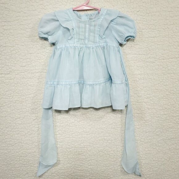 Unbranded Other - Vintage Girls Handmade Blue Dress Puff Sleeves Back Bow Bodice Pleats & Ruffles